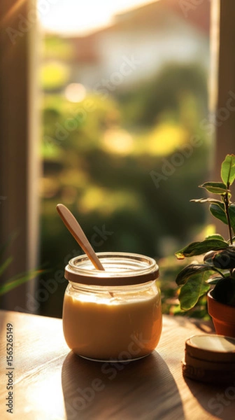 Fototapeta A jar of honey sits on a wooden table beside a small plant, bathed in the soft glow of morning sunlight, evoking a tranquil breakfast atmosphere