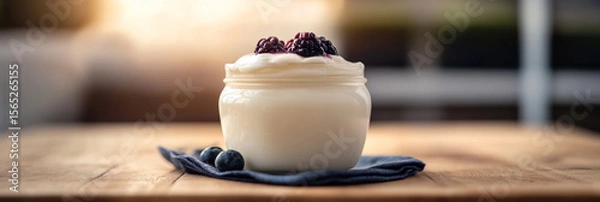 Fototapeta A jar of yogurt sits on a wooden board next to biscuits, creating a pleasant breakfast display in a warm, sunlit kitchen. The atmosphere is inviting and cozy, banner