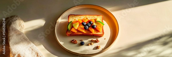 Fototapeta A delicious sandwich layered with creamy toppings, fresh blueberries, and other fruits is presented on a cream plate. Morning light enhances the inviting atmosphere, banner
