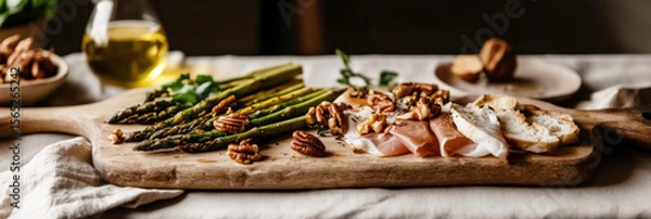 Fototapeta A beautifully arranged breakfast board features fresh asparagus, assorted cheeses, cured meats, nuts, and herbs, ideal for a relaxed morning gathering with friends or family, banner