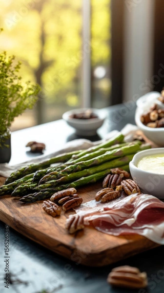 Fototapeta A breakfast board displays an inviting assortment of fresh cheese, cured meats, roasted asparagus, and pecans. The setting includes natural light streaming through a window