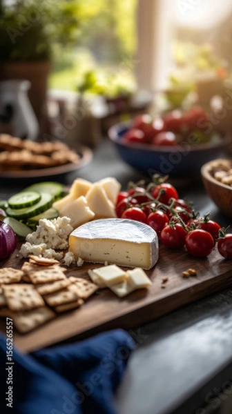 Fototapeta Delicious breakfast board featuring cheese, tomatoes, and fresh vegetables on a table by a sunlit window
