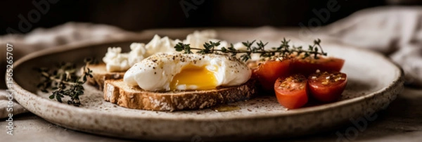 Fototapeta Breakfast board display includes poached egg with runny yolk, fresh cherry tomatoes, creamy cheese, and herbs arranged on rustic bread. Perfect for a morning feast, banner