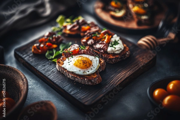 Fototapeta A beautifully arranged breakfast board showcases toasted bread topped with a fried egg, creamy avocado, vegetables, and vibrant roasted tomatoes, perfect for morning enjoyment