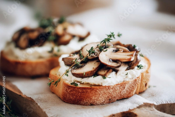 Fototapeta Enjoy a delightful autumn breakfast featuring toasted bread topped with mushrooms, cream cheese, and fresh thyme. Perfect for a cozy morning meal