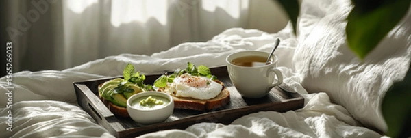 Fototapeta Delicious toasts topped with perfectly fried eggs and avocado sit on a wooden tray. A cup of herbal tea complements the meal in a warm, cozy bedroom atmosphere during breakfast time, banner