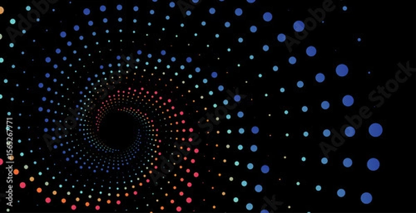 Obraz Abstract spiral background with colorful gradient dots forming a tunnel effect on a black backdrop.