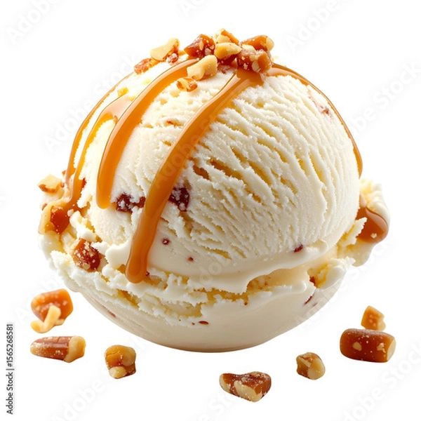Fototapeta Vanilla Ice Cream Scoop with Caramel Bits, Three-Quarter View, isolated on a white background PNG