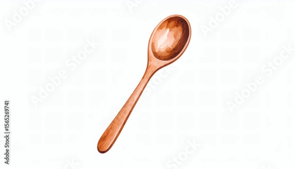 Fototapeta Wooden spoon illustrated in textured brown brush paint on clean white canvas background, artistic rustic kitchen utensil design in high resolution
