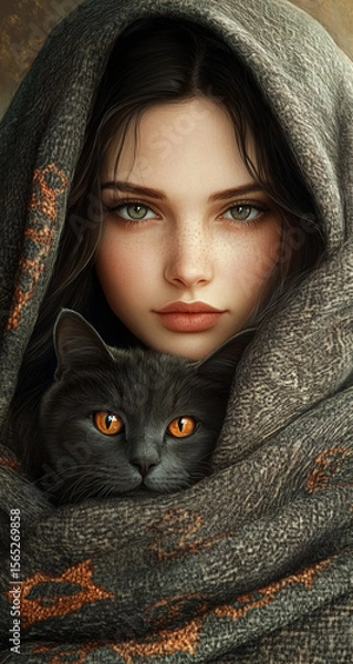 Fototapeta Photorealistic image of a woman and a cat relaxing together on a cozy blanket