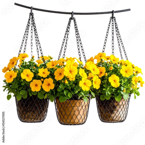 Fototapeta Three Hanging Flower Baskets with Bright Yellow Blooms in a Row, Front View, isolated on transparent background PNG