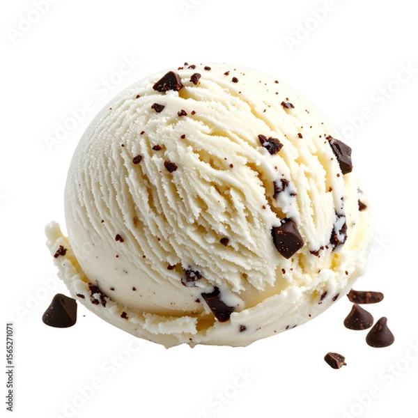 Fototapeta Rough-Textured Vanilla Ice Cream Scoop with Chocolate Shavings, angled overhead view, isolated on a white background PNG