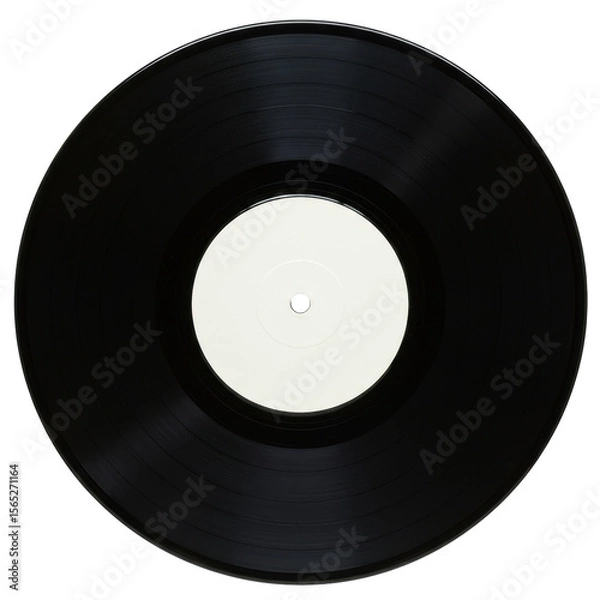 Fototapeta A single classic black vinyl LP record with a highly reflective, glossy surface and sharp, visible concentric grooves, featuring a blank white label and spindle hole, presented on a pristine pure