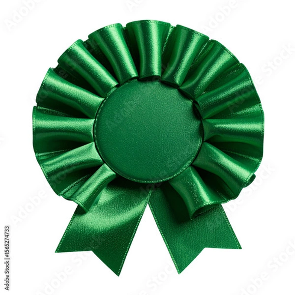 Fototapeta  Modern Green Rosette Badge with Curled Satin Ribbons, Side-Angled View, isolated on a transparent background PNG