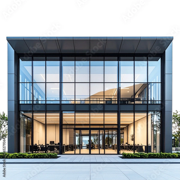 Fototapeta Modern Flat-Roof Glass Office Building with Steel Frames, Frontal View, isolated on transparent background PNG