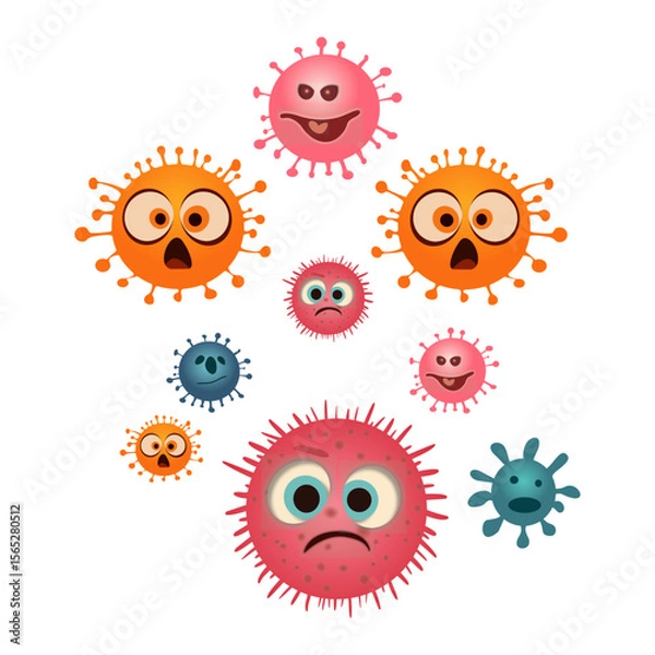 Fototapeta a collection of bacteria, microbes, funny germs, and viruses isolate cartoon vector characters with funny faces. cells with teeth and tongue.