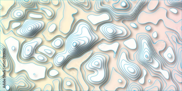 Fototapeta 3D Papercut Stylized White topographic contour scheme and terrain. Abstract lines background paper texture Imitation of a geographical map shades beautiful white color palette colors, waves and layers