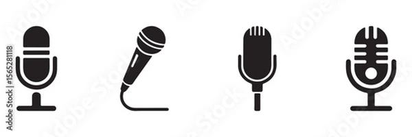 Obraz Microphone icon set. Audio speech podcast mic vector symbol. Different microphone collection. Thin line microphone pictogram. Voice record mike icon in black. Vector illustration