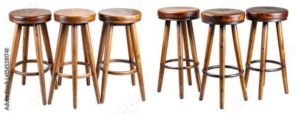 Obraz  Set of Three Rustic Wooden Bar Stools with Round Seats, Isolated on Transparent Background PNG