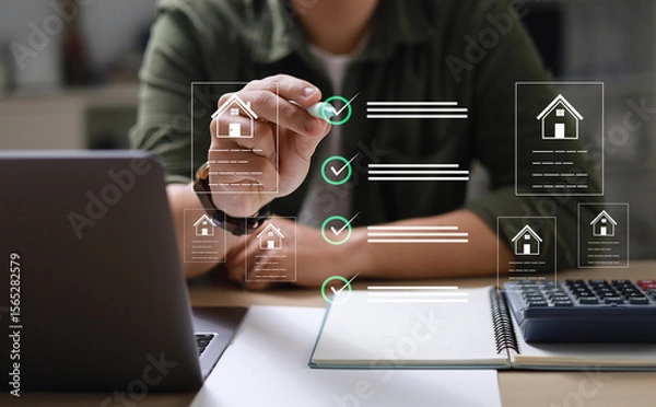 Fototapeta Real Estate Business Management Ideas, Property Analysis and Checklists, Buy and Sell Homes and Properties Online, Residential Investment