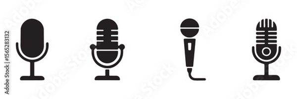 Obraz Microphone icon set. Audio speech podcast mic vector symbol. Different microphone collection. Thin line microphone pictogram. Voice record mike icon in black. Vector illustration