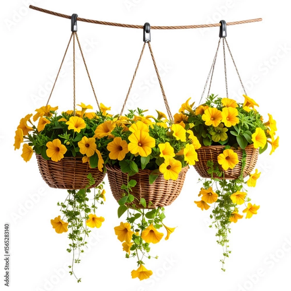 Fototapeta Asymmetrical Hanging Flower Baskets Overflowing with Yellow Petunias and Leaves, isolated on white background PNG
