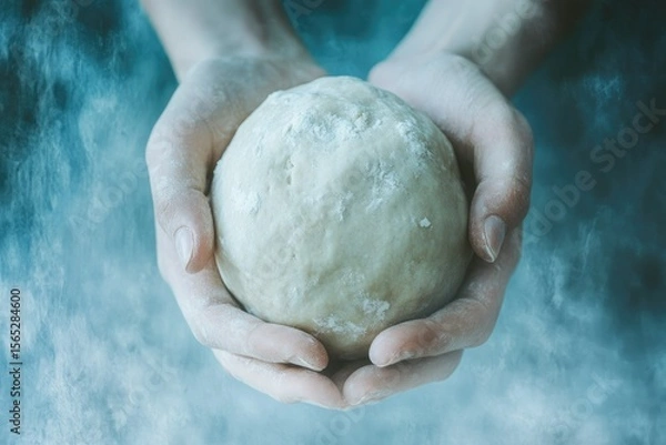Fototapeta Hands gently cradling a ball of raw dough, dusted with flour, evokes a sense of warmth and baking.