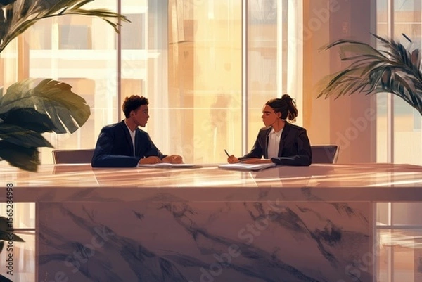 Fototapeta Two young professionals having a meeting in a modern office, discussing business or ideas.