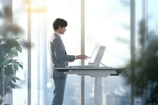 Fototapeta A businessman uses a standing desk and laptop in a modern office with a city view.