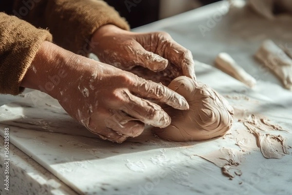 Fototapeta A potter's hands carefully shape a lump of clay, creating an art piece.