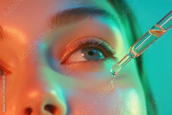 Fototapeta Close-up of a woman's eye with a serum dropper applying face oil for skincare.