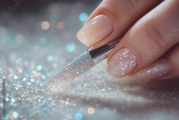 Fototapeta Close-up of elegant nails adorned with delicate, shimmering glitter, a perfect touch of sparkle and sophistication.