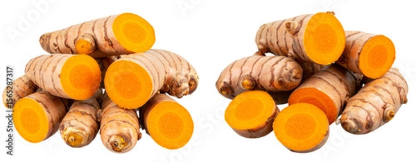 Obraz  Whole Fresh Turmeric Roots with Cut Cross-Section, Isolated on Transparent Background PNG
