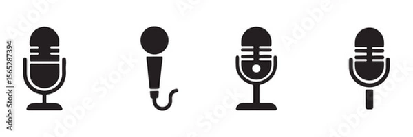Obraz Different microphone collection. Podcast mike, journalist microphone, karaoke, conference. Thin line microphone pictogram. Voice record mike icon in black. eps 10