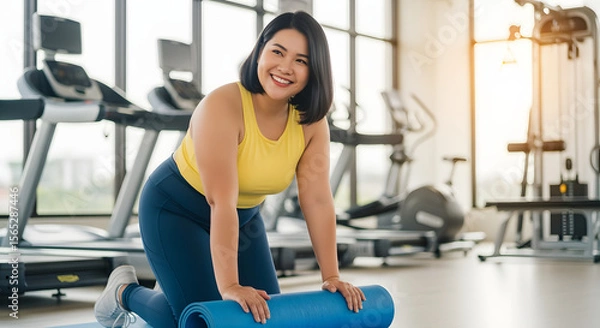 Obraz Happy Plus Size Woman Preparing for Gym Workout