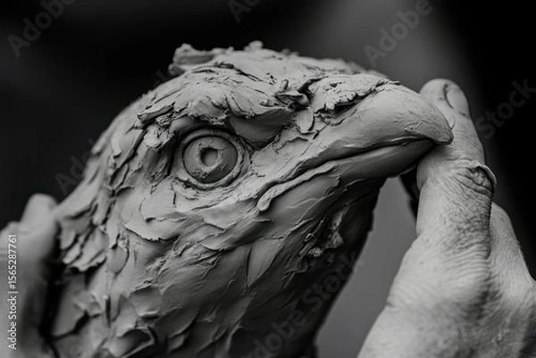 Fototapeta A grayscale close-up of a clay bird sculpture, meticulously detailed, held gently in hands.