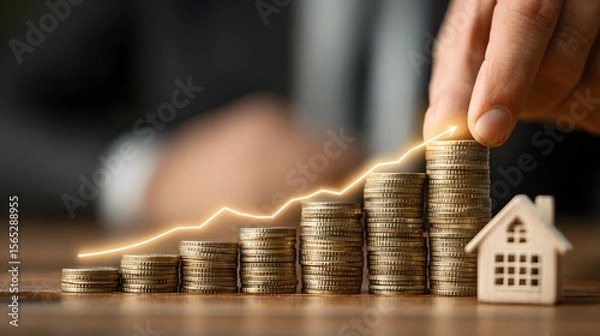 Fototapeta Rising Real Estate Value Concept: Stack of Coins and House Model with Growth Arrow