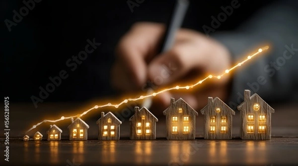 Fototapeta Rising Home Values: Illuminated House Icons Growing on a Wooden Surface with Pen Concept