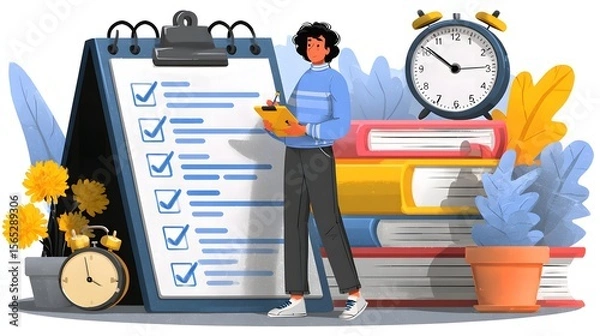 Fototapeta Illustration: Woman with Checklist, Clock, and Books for Productivity and Time Management