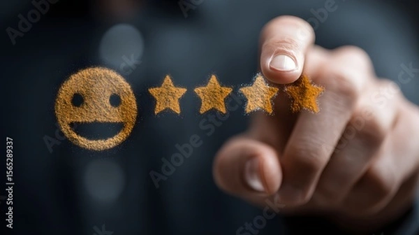 Fototapeta Online Customer Feedback: Hand Selecting Four Star Rating with Smiling Face