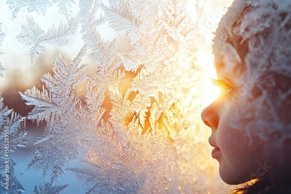 Fototapeta A child's face is seen through a frosty window pane, backlit by a warm winter sun.