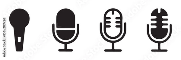 Obraz Different microphone collection. Podcast mike, journalist microphone, karaoke, conference. Thin line microphone pictogram. Voice record mike icon in black. eps 10