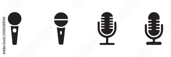 Obraz Different microphone collection. Podcast mike, journalist microphone, karaoke, conference. Thin line microphone pictogram. Voice record mike icon in black. eps 10