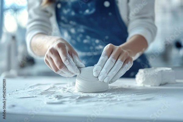 Fototapeta A potter's hands carefully shape a small, white clay vessel on a table covered with clay dust.