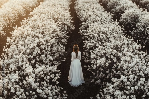 Fototapeta A woman in a white gown stands between two paths of blooming white flowers, a serene and ethereal scene.