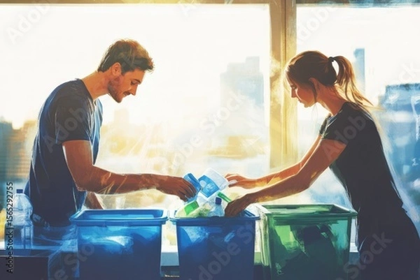 Fototapeta A couple diligently sorts recyclables into different bins, a sustainable practice.