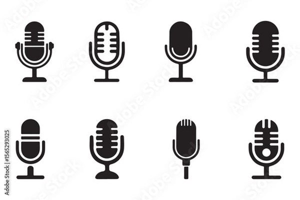 Obraz set of Old Style Mic Silhouette icon for Podcast or Radio Silhouette, Microphone vector icon set. Microphones audio podcast vector icons. Microphone  Illustration Icons. eps 10