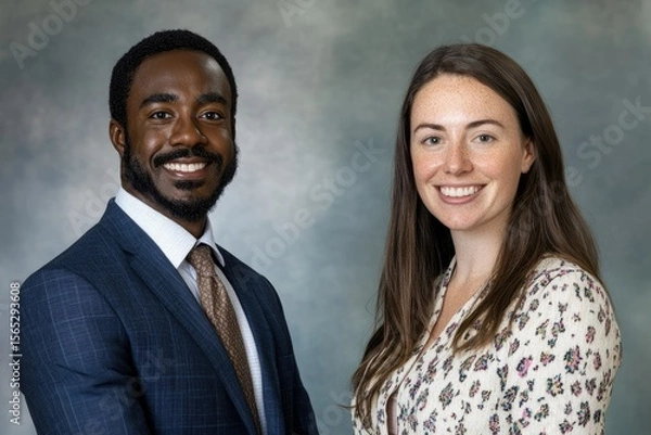 Fototapeta A portrait of a smiling Black man in a suit and a smiling white woman in a floral blouse.