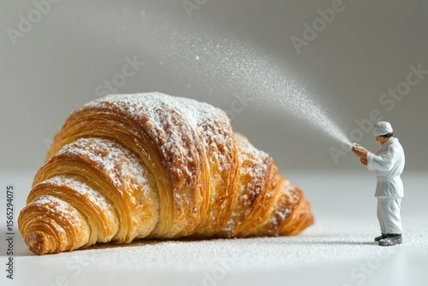 Fototapeta A miniature baker dusts a large, flaky croissant with powdered sugar.