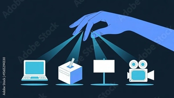 Obraz Empowering Media Control: A symbolic representation of a blue hand strategically illuminates a laptop, voting box, signboard, and video camera, suggesting media access, digital influence.